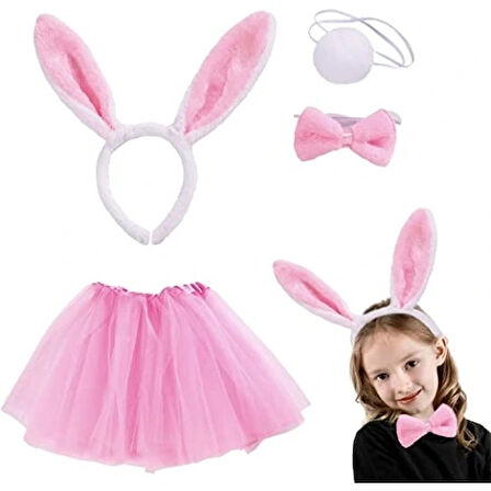 Dodes Pembe Tavşan Tacı Etek Papyon Kuyruk Kostüm Seti Çocuk Boy