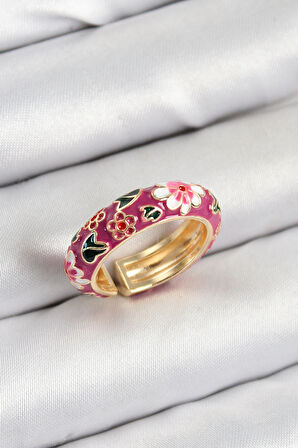 Dodes Pirinç Fuşya Mineli Çiçek Motifli Gold Renk Ayarlanabilir Kadın Yüzük TG27BYK3807