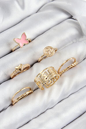 Dodes Dodes Pirinç Kelebek Ve Kalp Model Gold Renk Kadın Yüzük Kombin Set TG27BYK3817