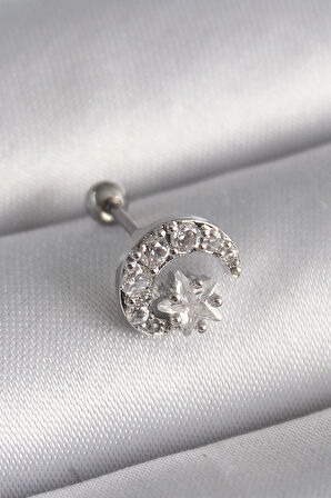 Dodes 316L Çelik Gümüş Renk Zirkon Taşlı Ay Yıldız Tragus Piercing TG27PR1257