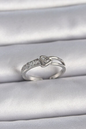 Dodes Pirinç Gümüş Renk Ayarlanabilir Zirkon Taşlı Düğüm Kalp Model Kadın Yüzük TG27BYK3405