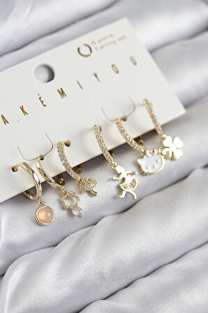 Dodes Dodes Pirinç Zirkon Taşlı Hello Kity Ve Yonca Model Gold Renk 6'lı Küpe Set TG27BKP11206