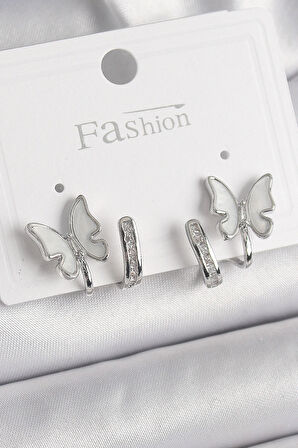 Dodes Pirinç Gümüş Renk Zirkon Taş Detaylı Beyaz Sedefli Kelebek Model Kadın Küpe TG27BKP9869