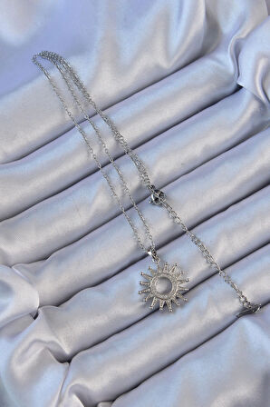 Dodes 316L Çelik Zincir Gümüş Renk Zirkon Taşlı Parlayan Güneş Kolye TG27BKO9106