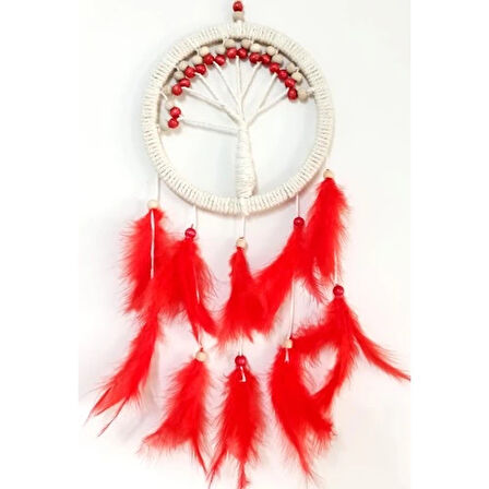 Dodes Kırmızı Kuş Tüylü Hayat Ağacı Düş Kapanı Duvar Süsü