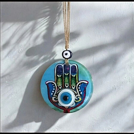 Dodes Fatma Ana Eli Desenli Nazar Boncuklu Duvar Süsü 10 Cm Cam Duvar Dekoru