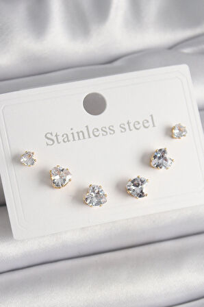 Dodes Dodes 316L Çelik Gold Renk Zirkon Taşlı Kalp Model Kadın Küpe Seti TG27BKP9880