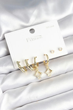 Dodes Pirinç Gold Renk 925 Ayar Gümüş Çivili Kadın Küpe Seti TG27BKP11260