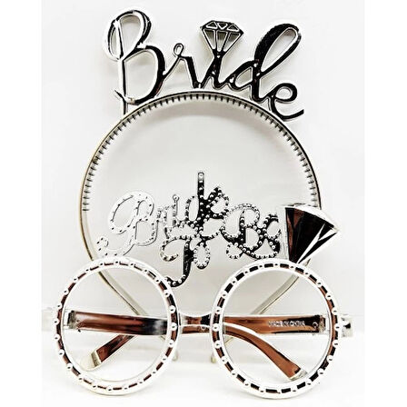 Dodes Bride Yazılı Taç ve Bride To Be Yazılı Gözlük Seti Gümüş Renk
