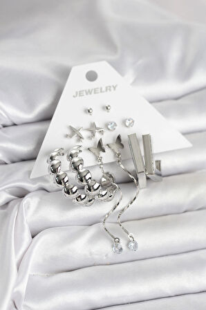 Dodes Dodes Gümüş Renk Pirinç 6'lı Kadın Küpe Seti TG27BKP11341