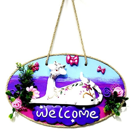 Dodes Kedi Figürlü Welcome Yazılı El Yapımı Kapı Süsü