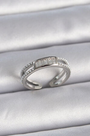 Dodes Pirinç Gümüş Renk Ayarlanabilir Sıralı İncili Zirkon Taşlı Kadın Yüzük TG27BYK3381