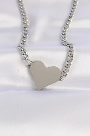 Dodes 316L Çelik Zincir Gümüş Renk Düz Plaka Kalp Kolye TG27BKO8643