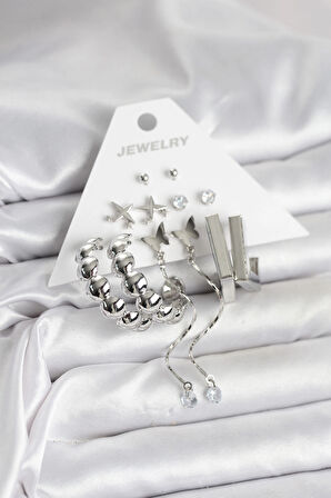 Dodes Dodes Gümüş Renk Pirinç 6'lı Kadın Küpe Seti TG27BKP11341