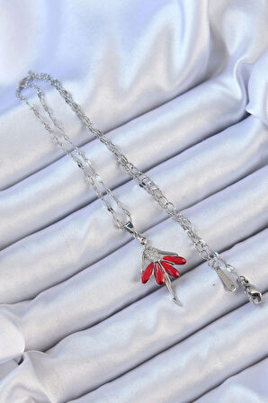 Dodes 316L Çelik Zincir Gümüş Renk Kırmızı Etekli Zirkon Taşlı Balerin Kolye TG27BKO9100