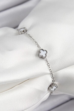 Dodes 316L Çelik Beyaz Sedef Yonca Model Gümüş Renk Kadın Bileklik TG27BB7361