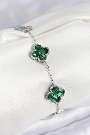 Dodes Dodes 316L Çelik Sedefli Zümrüt Yeşil Gümüş Renk Yonca Kadın Bileklik TG27BB7672