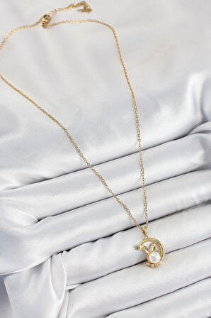 Dodes Dodes 316L Çelik İnci Detaylı Hilal Tavşan Model Gold Renk Kadın Kolye TG27BKO10347