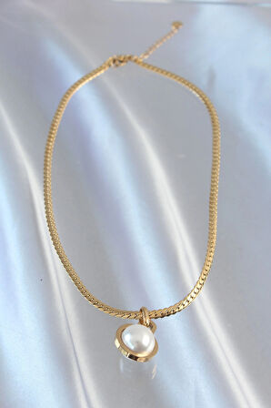 Dodes 316L Çelik Gold Renk Yassı Zincir İnci Taşlı Kolye TG27BKO8903