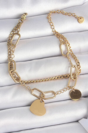 Dodes 316L Çelik Gold Renk 2'Li Zincir Model Sallantı Kalp Figür Kadın Bileklik TG27BB6953