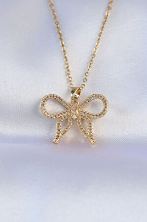 Dodes 316L Çelik Zincir Gold Renk Zirkon Taşlı Fiyonk Kolye TG27BKO8742