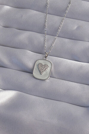 Dodes Dodes 316L Çelik Zincir Mermer Desenli Gümüş Renk Zirkon Taşlı Kalp Model Kolye TG27BKO9014
