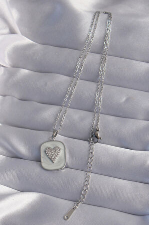 Dodes Dodes 316L Çelik Zincir Mermer Desenli Gümüş Renk Zirkon Taşlı Kalp Model Kolye TG27BKO9014