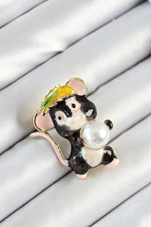 Dodes İnci Detaylı Siyah Ve Pembe 3D Sevimli Fare Figürlü Gold Renk Kadın Broş TG27BR437