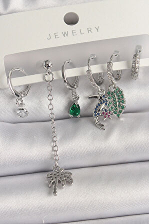 Dodes Dodes Pirinç Gümüş Renk Sallantı Zirkon Taşlı Ağaç Figür Çoklu Kadın Küpe Seti TG27BKP10119