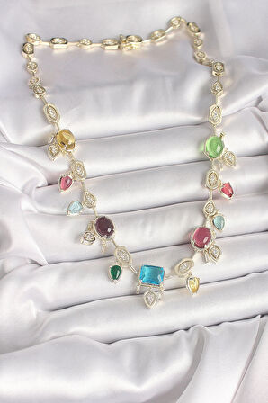 Dodes Pirinç Gold Renk Renli Zirkon Taşlı VIP Seri Kadın Kolye TG27BKO10004