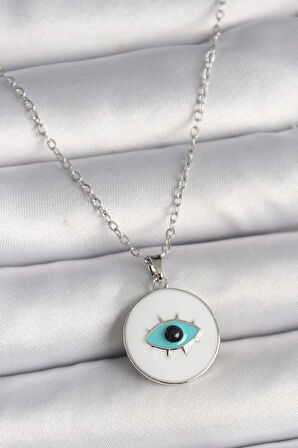 Dodes 316L Çelik Gümüş Renk Zincir Beyaz Mineli Turkuaz Göz İşleme Model Kadın Kolye TG27BKO9729