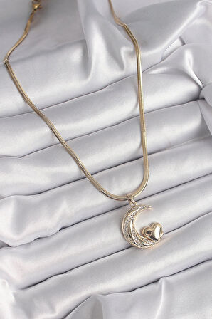 Dodes 316L Çelik Gold Renk Çelik İtalyan Zincir Zirkon Taşlı Halil Figür Kalp Detay Kadın Kolye TG27BKO9591