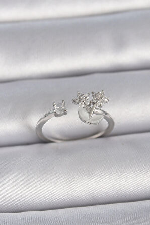 Dodes Pirinç Gümüş Renk Ayarlanabilir Zirkon Taşlı Yıldız Model Kadın Yüzük TG27BYK3397