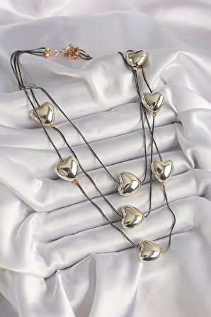 Dodes Pirinç Füme Renk Zincir 3D Gold Renk Kalp Model Kadın Kolye TG27BKO9618