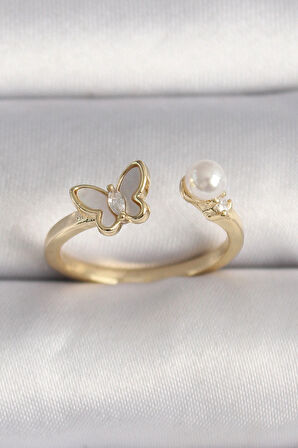 Dodes Pirinç Gold Renk Zirkon Taş Detaylı Beyaz Mineli Kelebek Model İnci Detay Ayarlanabilir Yüzük TG27BYK3523