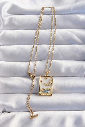 Dodes Dodes 316L Çelik Zincir Gold Renk Ay Detay Mavi Zirkon Taşlı Tarot Kolye TG27BKO8980