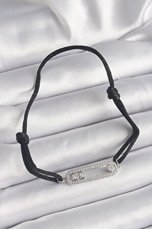 Dodes Dodes Siyah Renk İpli Asansör Zirkon Taşlı Gümüş Messika Model Kadın Bileklik TG27BB6580