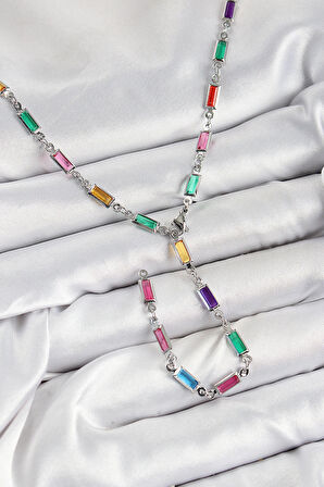 Dodes Pirinç Renkli Zirkon Taşlı Dikdörtgen Model Gümüş Renk Kadın Y Kolye TG27BKO10385