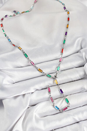 Dodes Pirinç Renkli Zirkon Taşlı Dikdörtgen Model Gümüş Renk Kadın Y Kolye TG27BKO10385