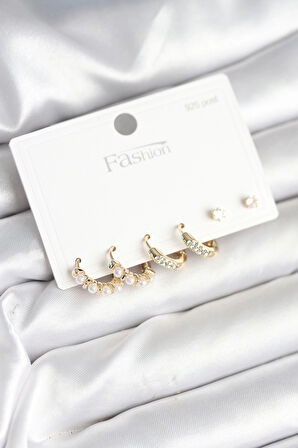 Dodes Pirinç Gold Renk Zirkon Taşlı ve İncili Model 925 Ayar Gümüş Çivi Kadın Küpe Seti TG27BKP11277