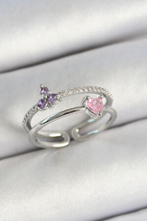 Dodes Pirinç Kalp Ve Çiçek Figürlü Zirkon Taşlı Gümüş Renk Ayarlanabilir Kadın Yüzük TG27BYK3775