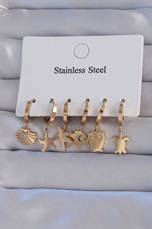 Dodes Dodes 316L Çelik Gold Renk Zirkon Taşlı Hayvan Figürlü Deniz Yıldızı Model Halka Küpe Seti TG27BKP9155