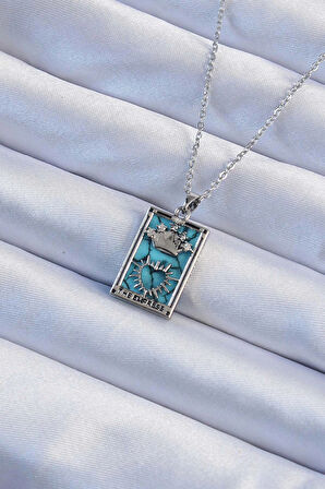 Dodes Dodes 316L Çelik Zincir Gümüş Renk Zirkon Taşlı Mavi Mermer Desenli Taç Model Tarot Kolye TG27BKO9244