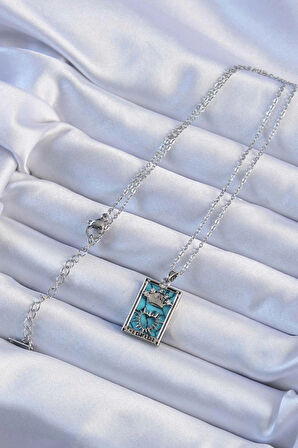 Dodes Dodes 316L Çelik Zincir Gümüş Renk Zirkon Taşlı Mavi Mermer Desenli Taç Model Tarot Kolye TG27BKO9244