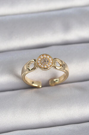 Dodes Dodes Pirinç Gold Renk Zirkon Taşlı İncili Kalp İşleme Detay Ayarlanabilir Kadın Yüzük TG27BYK3358