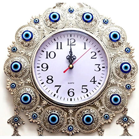 Dodes Nazar Boncuklu Gümüş Kaplama Solmaz Kararmaz Duvar Saati