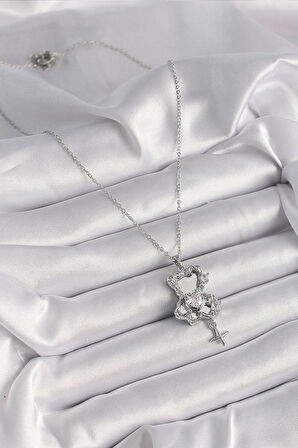 Dodes 316L Çelik Gümüş Renk Ayna Ayıcık Model Zirkon Taşlı Kalp Detay Kadın Kolye TG27BKO9627