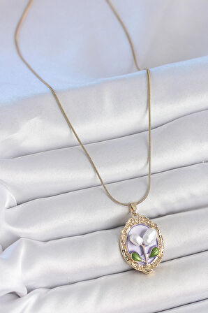 Dodes 316L Çelik Gold Renk Mor İncili Çiçek İşlemeli Portre Model Kadın Kolye TG27BKO10146