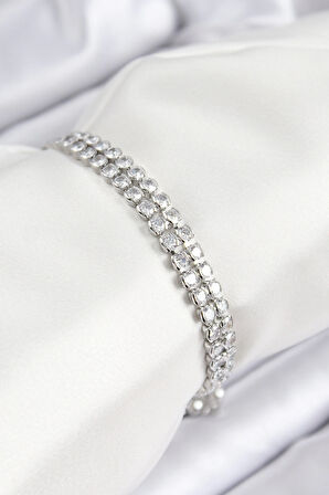 Dodes Pirinç Zirkon Taşlı Çift Sıra Model Gümüş Renk Asansörlü Kadın Bileklik TG27BB7738