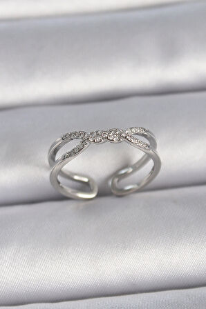 Dodes Dodes Pirinç Gümüş Renk Ayarlanabilir Zirkon Taşlı Sarmal Model Kadın Yüzük TG27BYK3401